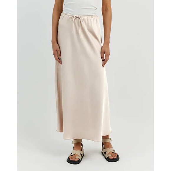 Women's Beige Drawstring Satin High Waist Silk A Line Flowy Long Maxi Skirt - Picture 6 of 6